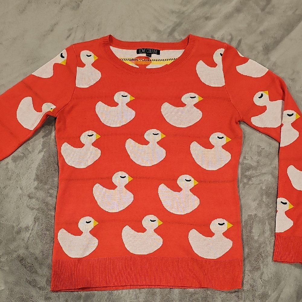[Like New] Super Cute Allover Duck Design Sweater Red Orange